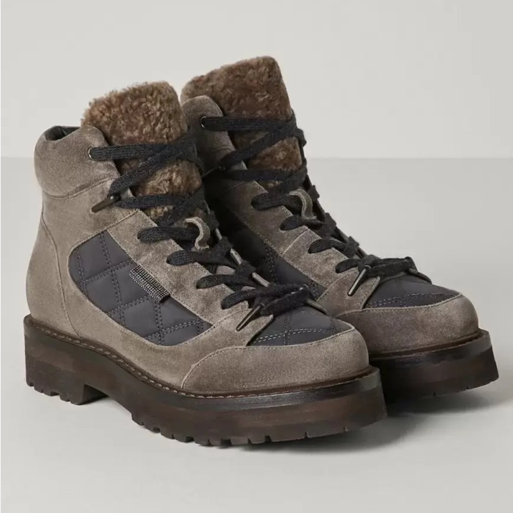 Brunello Cucunelli Suede Colorblock Pattern Lace Up Combat Boots Gray Size 39